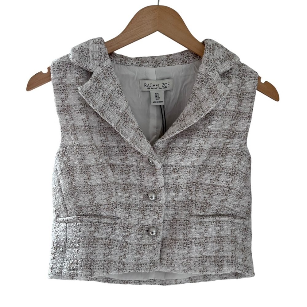 Rachel Zoe Lined Tweed Vest Beige Cream Size 8 Boucle Button Front Cropped NWT